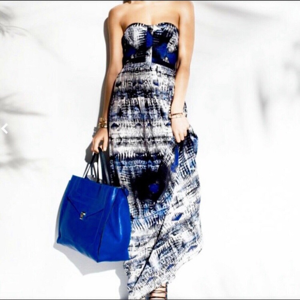 Parker Bayou Strapless Maxi Dress in Size L. Black and blue abstract print.